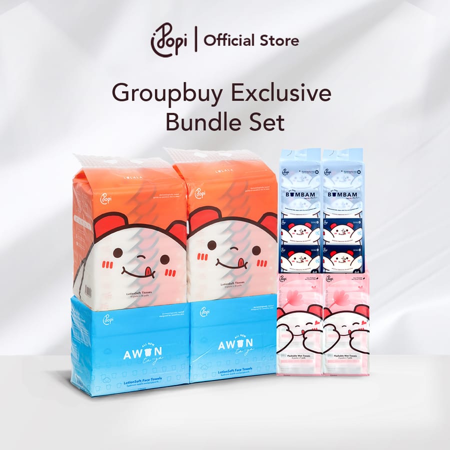 PRE ORDER (SHIP AFTER END OF SEPTEMBER) (COMBO SET) 6 Packs Awan Face Towel Tissue, 20 Packs LaLaLa Lotion Tissues, 16 Packs Bambam Mini Wet Tissue, 16 Naam Mini Flushable Wet Tissue
